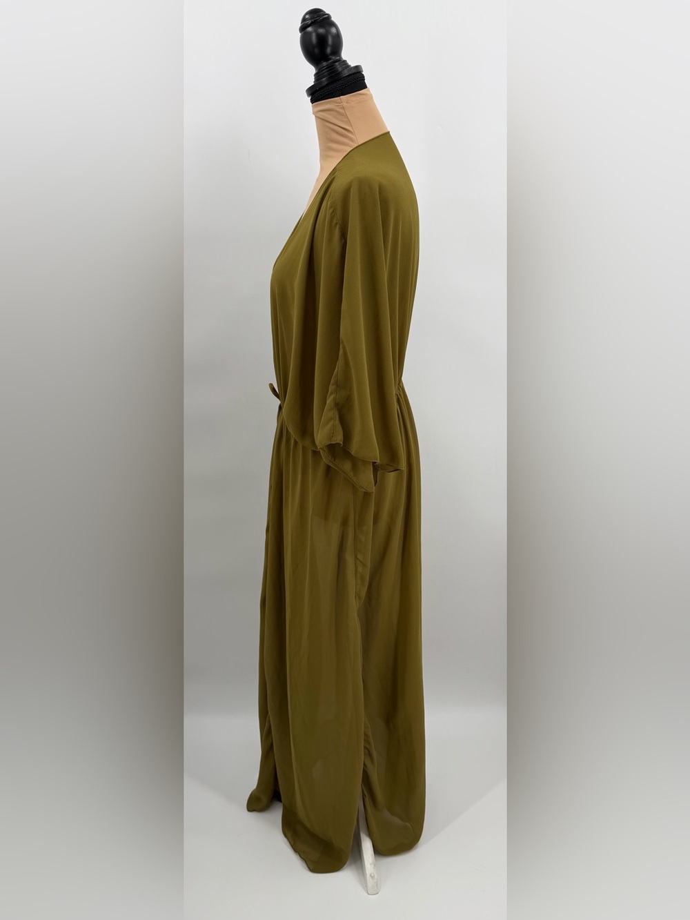 Olive Green Chiffon Maxi kimono Swim Cover Up S Resort Beach vacation flowy - Picture 5 of 12